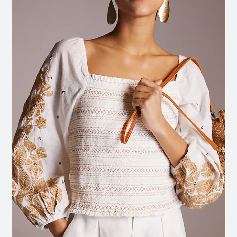 Anthropologie White and Gold Embroidered Blouse